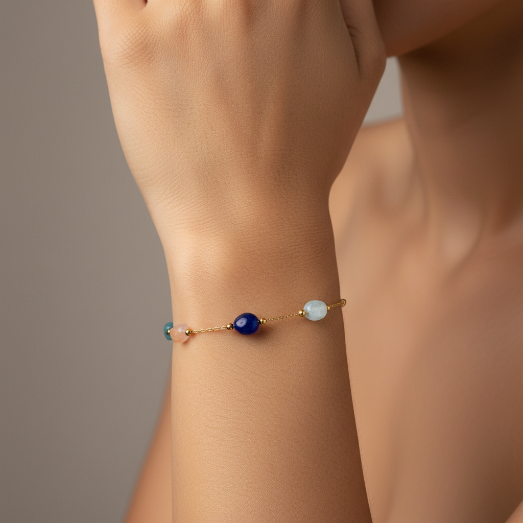 Bracelet with colorful beads on a wrist against a neutral background