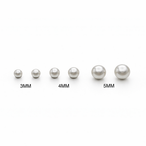 Set of pearls with labeled sizes on a white background