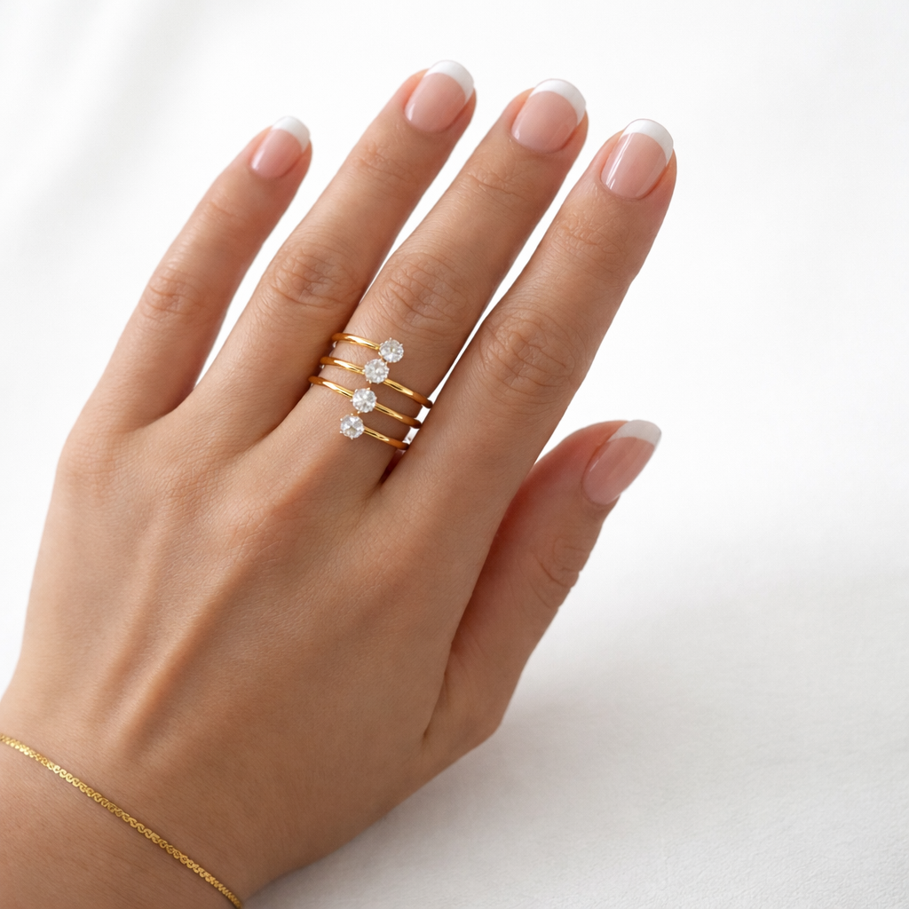 4 stone layered  chunky ring, 18K gold plated, stainless steel, waterproof, hypoallergenic, zirconium stones