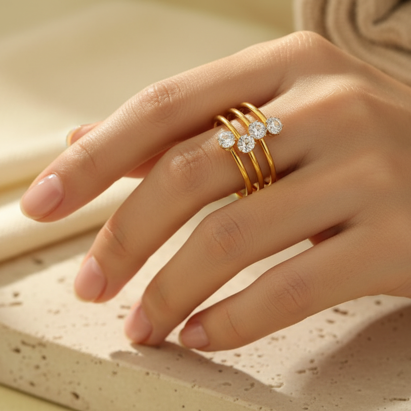 4 stone layered  chunky ring, 18K gold plated, stainless steel, waterproof, hypoallergenic, zirconium stones